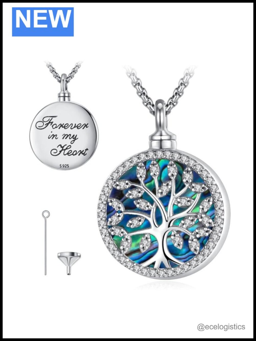 925 Sterling Silver Tree of Life Urn Necklace Abalone Swarovski Memorial